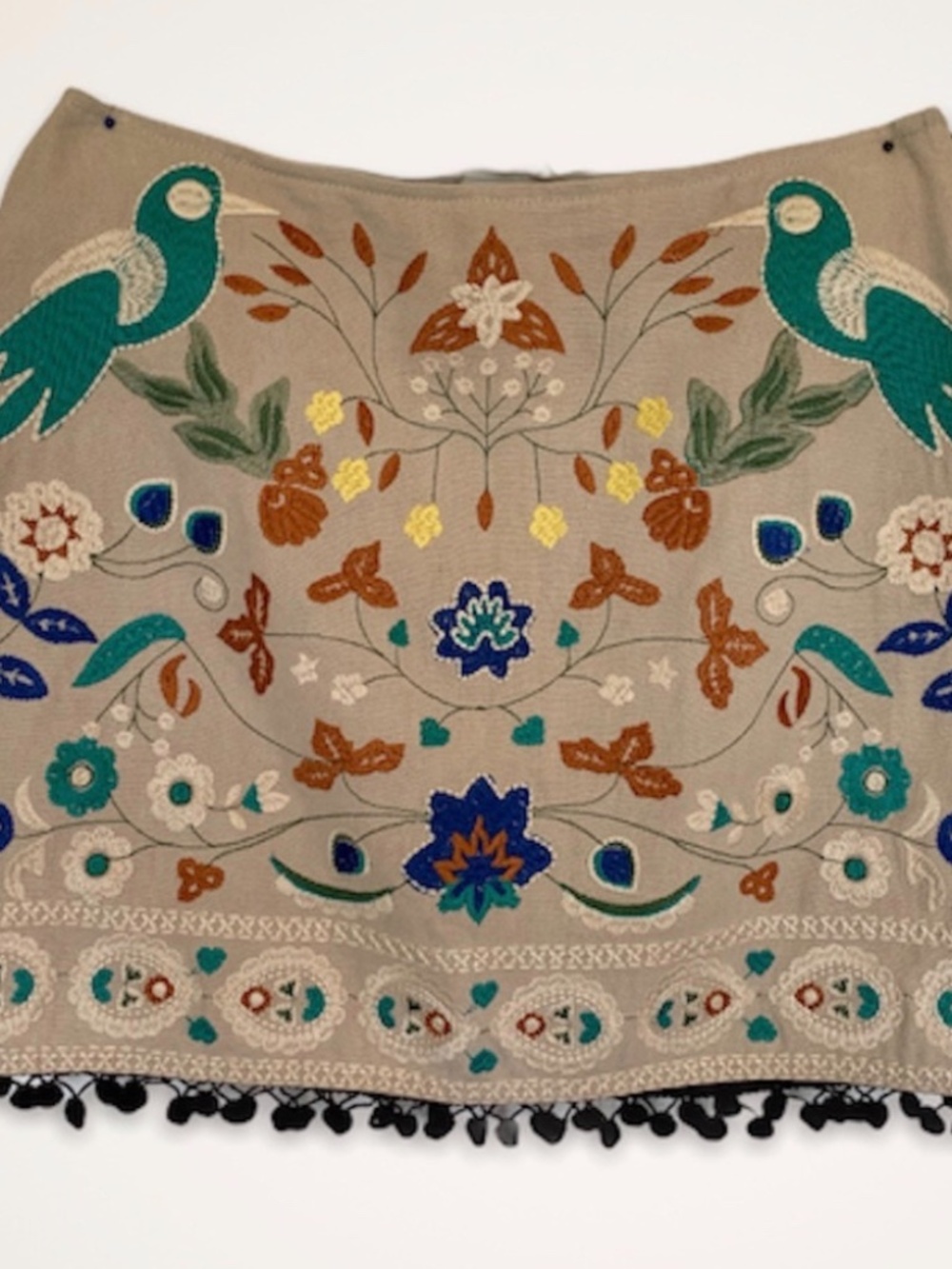 Embroidered Cream Skirt Green Birds Floral Topical Pom Pom Detail Umgee Small - Picture 1 of 7